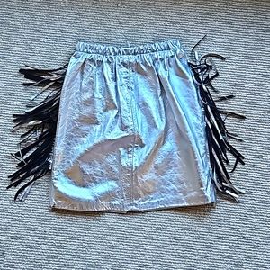 NEW Vintage Metallic Silver Real Leather Skirt with Side Fringes!